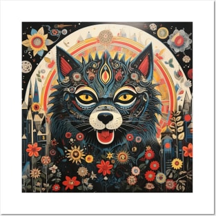 Surrealistic Folk Art Dark Floral Motif Wolf Design Posters and Art